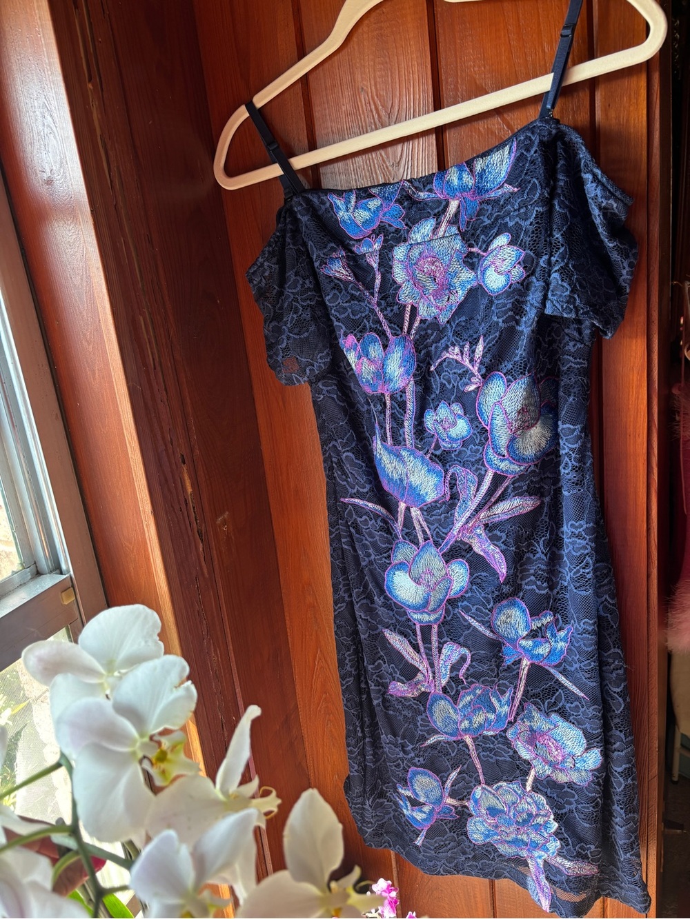 nwot y2k guess navy lace embroidered floral cold shoulder mini dress size 12